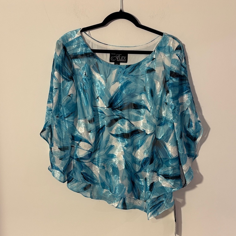 Alex Evenings Teal & White Abstract Sheer Flutter Blouse